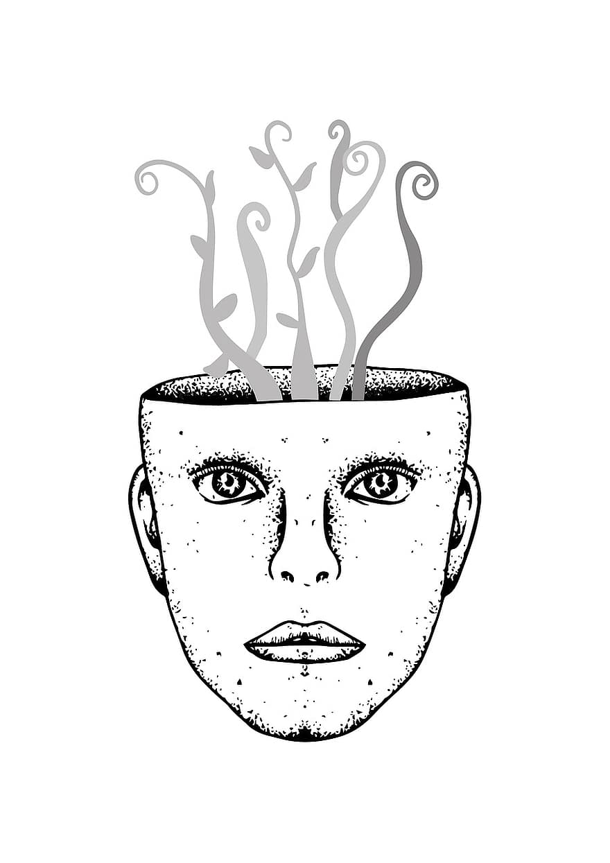 hlava, Prasknutí hlavy, výkres, tvář, rostlin, kořeny, vnímání, psychologie, myšlenky