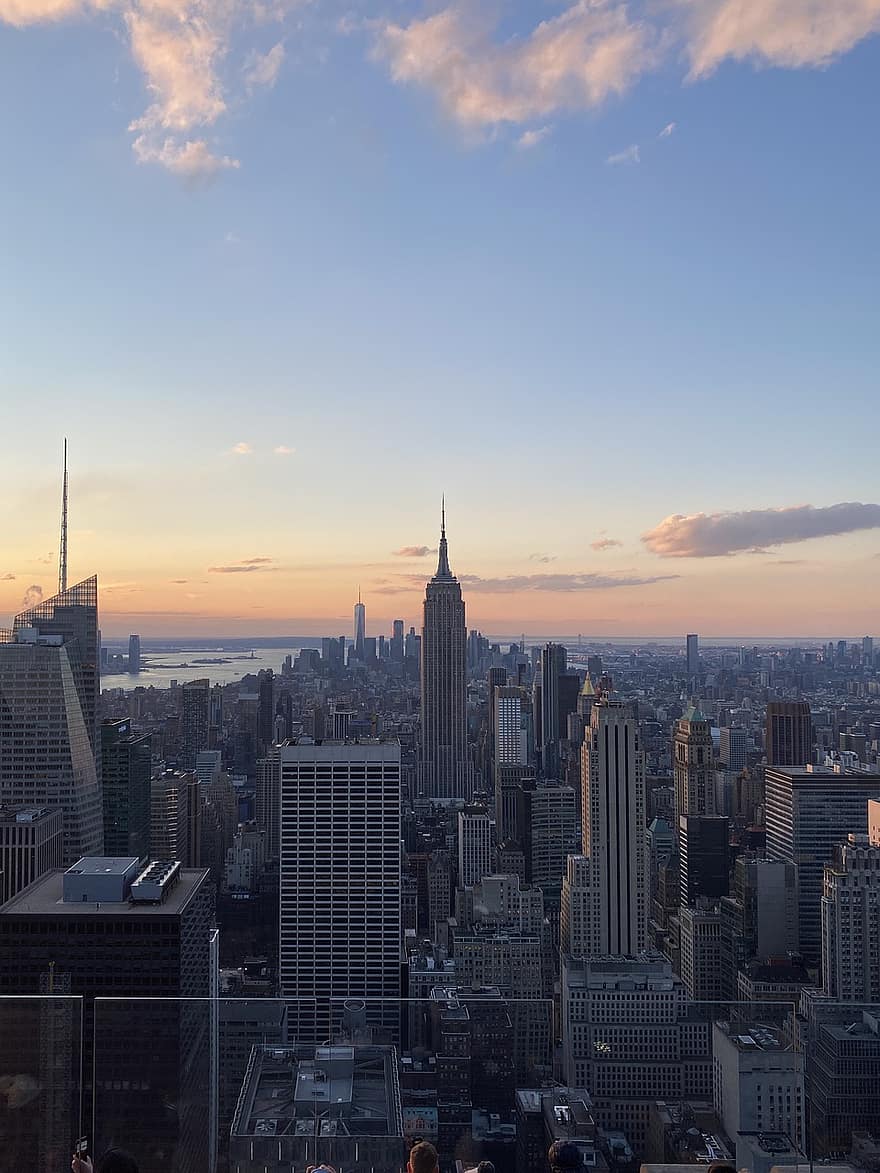 Эмпайр Стейт Билдинг, Нью-Йорк, линия горизонта, заход солнца, город, городской пейзаж, небоскребы, здания, башня, ориентир, в центре города