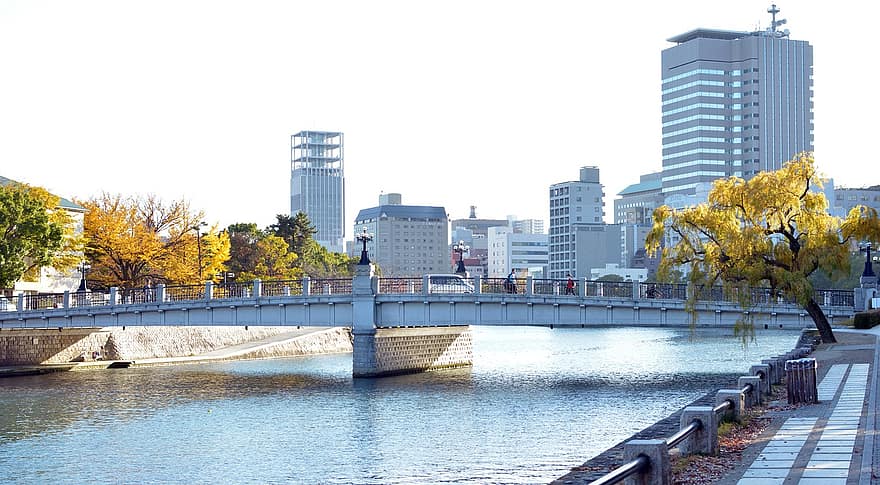 ciutat, hiroshima, Japó, pont, paisatge urbà, arquitectura, gratacels, tardor, vida de ciutat, lloc famós, aigua
