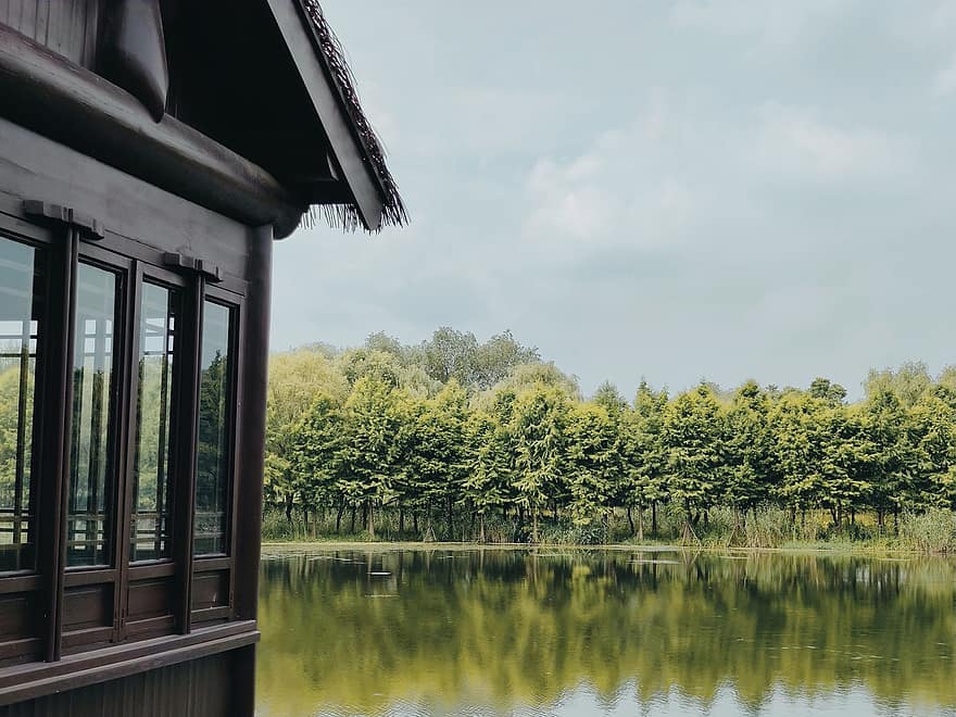House, Lake, Trees, Windows, Building, Reflection, Water, Nature