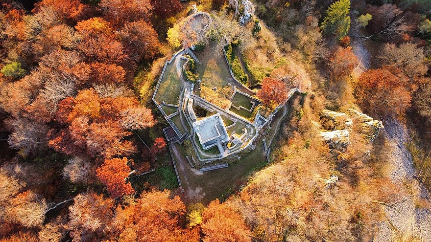 alam, dengung, tampak atas, pandangan mata burung, fotografi drone, jatuh, Daun-daun, pohon, Hohengundelfingen, Kastil