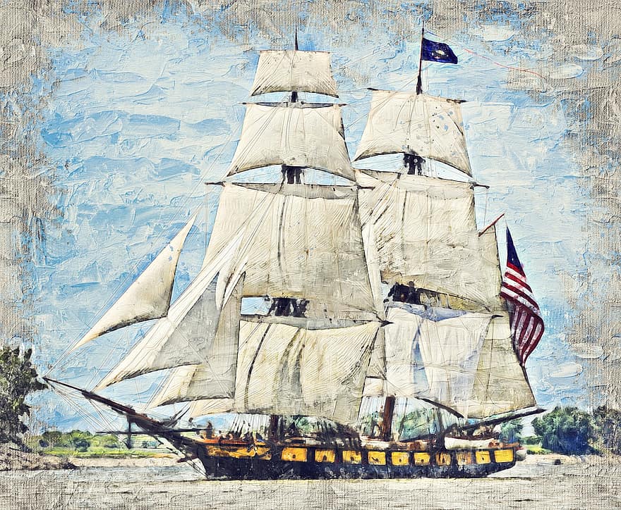 Flagship, Schooner, Sailing, Coast, Maritime, Sea, Ocean, Ship, Painting, sailing ship, nautical vessel