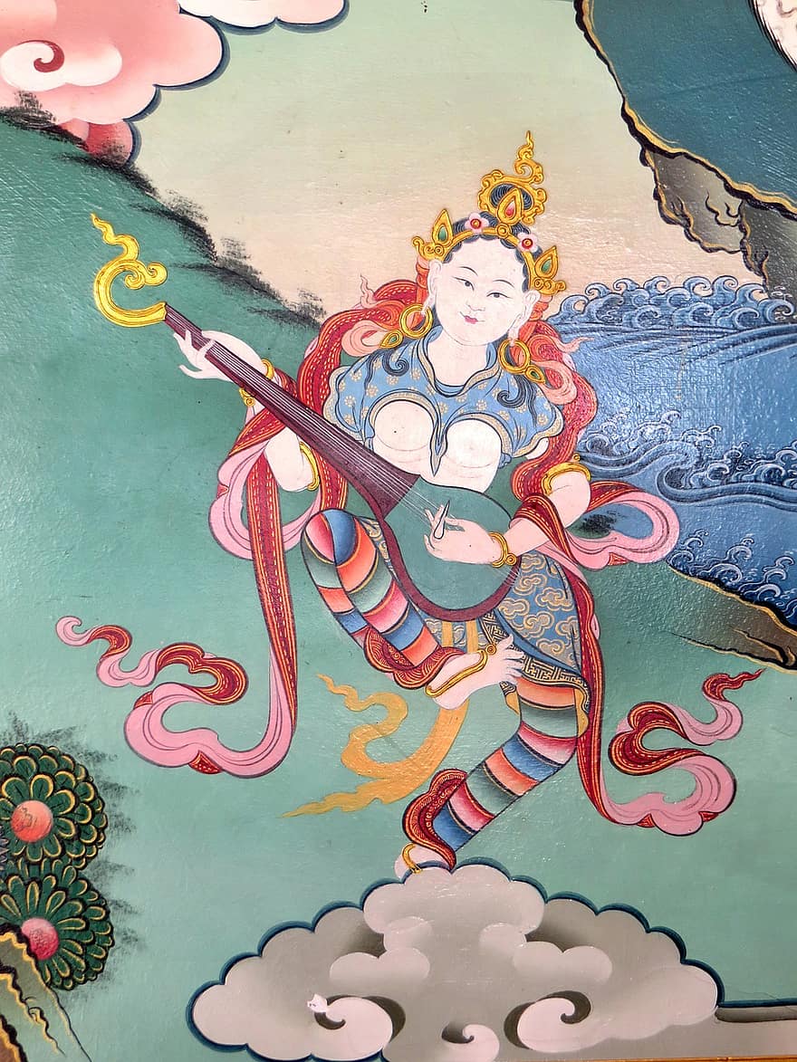 Katmandú, fresc, paret, al·legoria, personatges, colorit, decoració, pintura