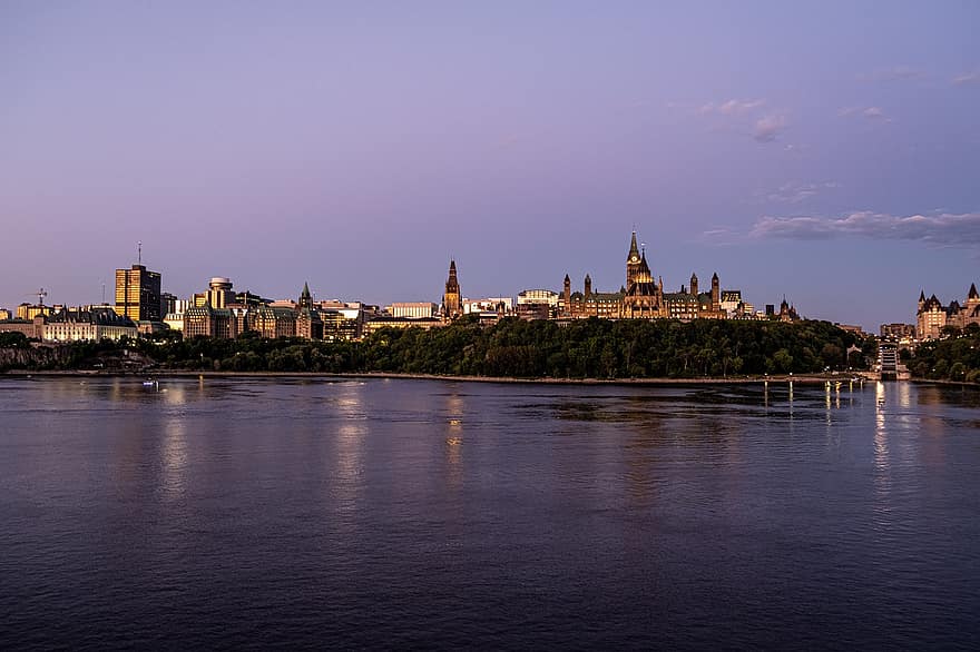 eduskunta, parlamentin talo, rakennukset, rannikko, joki, auringonlasku, Gatineau, Ottawa