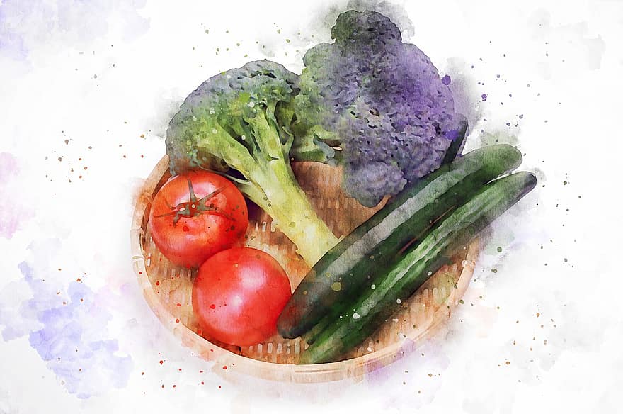 grøntsag, mad, akvarel, maleri, dekoration, kunstnerisk, design, grøn, børste, stolpe, laver mad