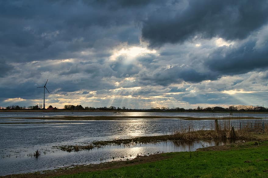 Cloudy Day, Marsh, Lake, Weather, Clouds, Water, Nature Reserve, Sunbeams, Nature