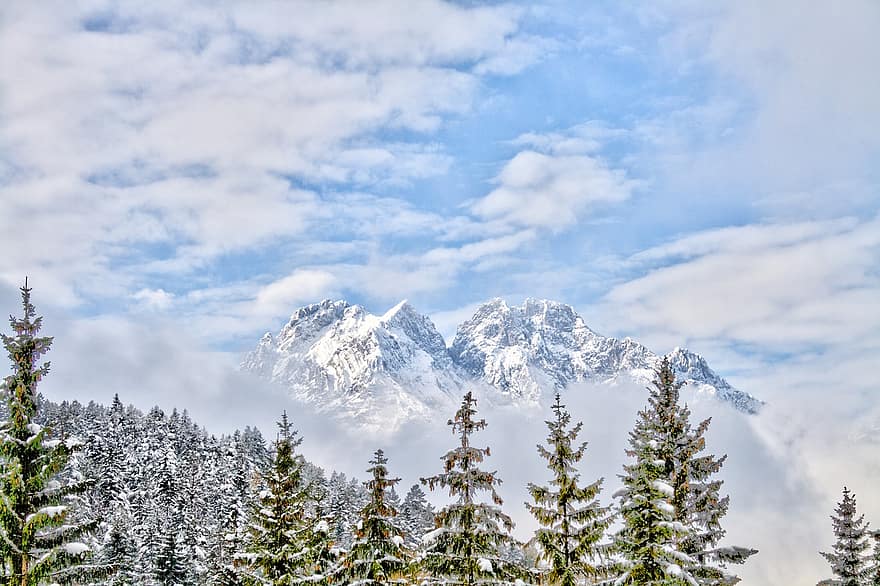 Berge, Wald, Winter, Schnee, Bäume, Gipfel, Wolken, Natur, Landschaft, Himmel, Dolomiten