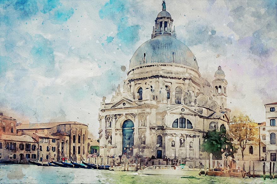 arhitektūra, ēka, katedrāle, baznīca, Itālija, orientieris, upe, santa maria della salute, debesis, Venēcija, ūdens