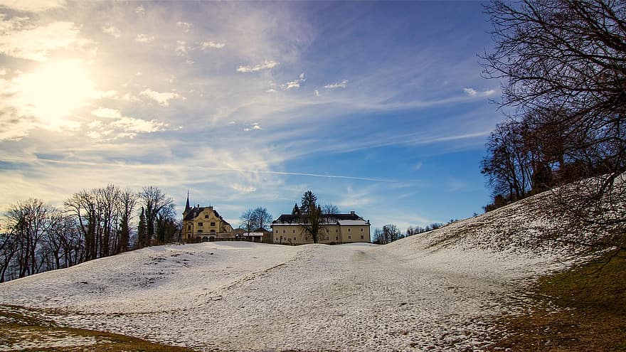 pedesaan, musim dingin, matahari terbenam, Mönchberg, salzburg, Austria, biara, Arsitektur, pemandangan, Kekristenan, salju
