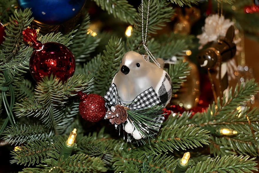 arbre de Nadal, ornaments, ocells, arcs, regals, decoració, arbre, celebració, fons, temporada, hivern