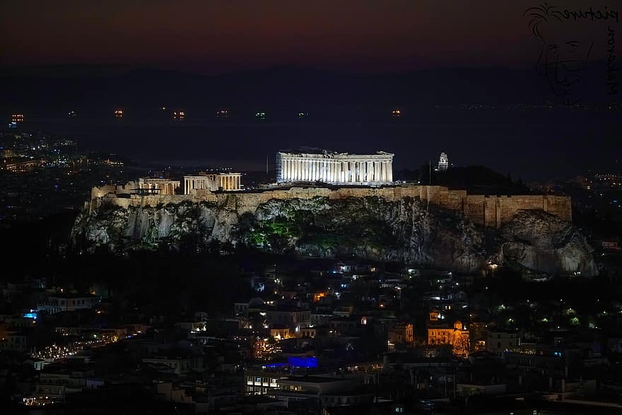 grekland, landmärke, arkitektur, akropol, aten, natt, skymning, stadsbild, känt ställe, upplyst, resmål