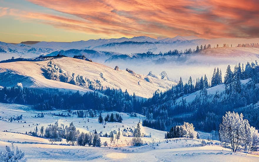 sniegas, sniego kraštovaizdis, žiemą, saulė, saulėtekis, žiemos peizažas, kalnai, šalta, žiemos, pobūdį, Kalėdos