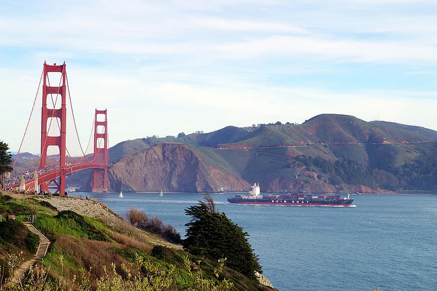 サンフランシスコ、ゴールデンゲートブリッジ、ブリッジ、カリフォルニア、旅行、交通手段、水、運送、輸送モード、航海船、有名な場所