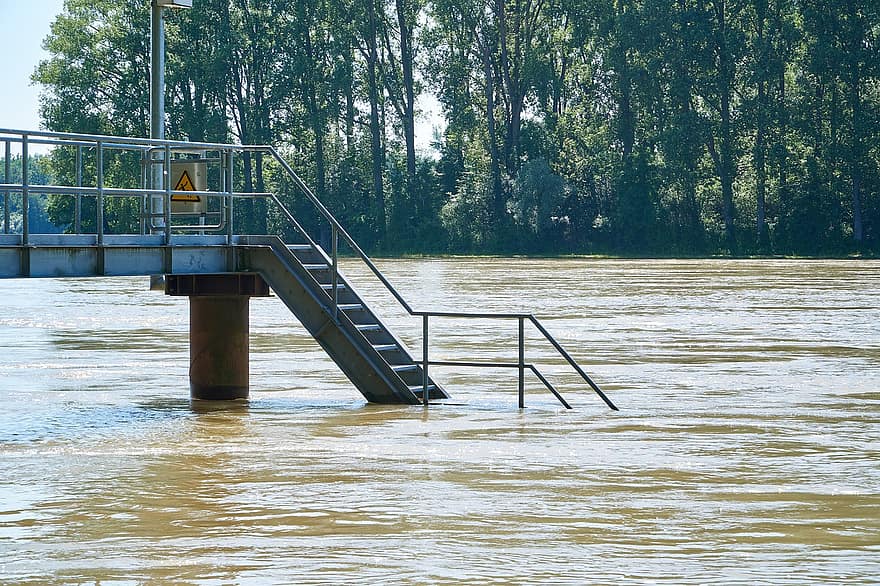 inundació, escales, moll, nivell d'aigua, inundat, aigua, aigua alta, riu Rin, port, embarcador