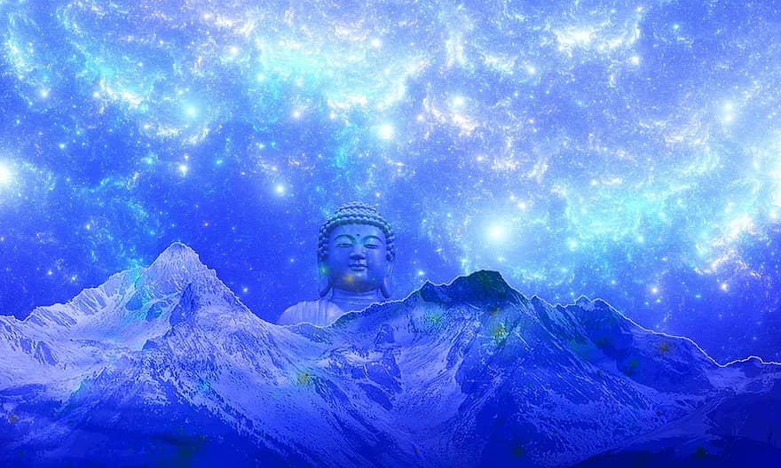 Budda, góry, przestrzeń, statua, joga, relaks, medytacja, mężczyźni, religia, niebieski, jedna osoba