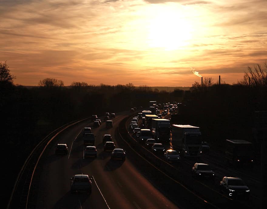 Highway, Traffic, Sunset, Cars, Vehicles, Road, Traffic Jam, Sun, Evening Atmosphere, Sky, Clouds