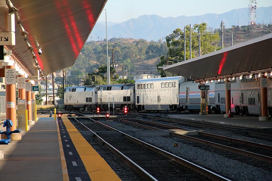 Амтрак, влак, жп линия, гара, Лос Анжелис, Калифорния, железопътна платформа