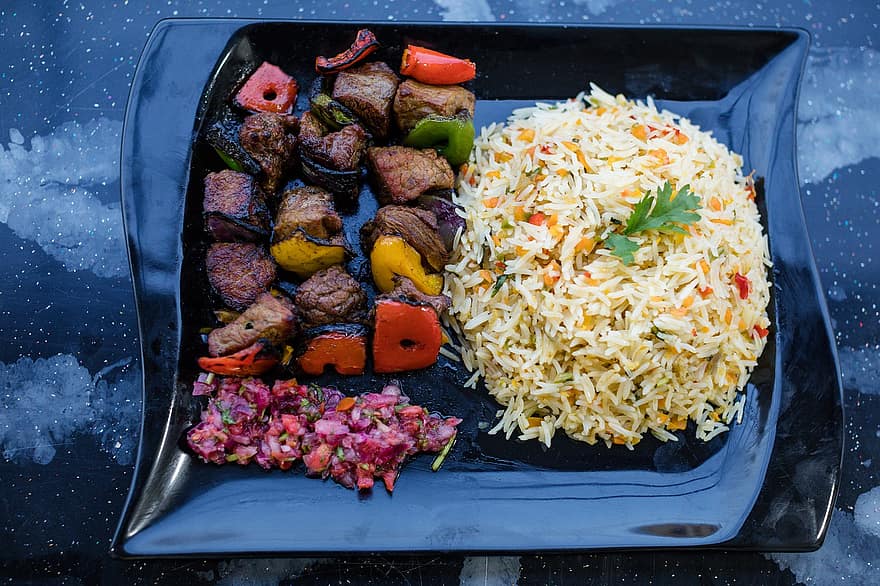 arroz, shish kebab, comida africana, refeição, prato, Shish Kabob, legumes, Suya, Espetinho de Carne da África Ocidental, carne, cozinha