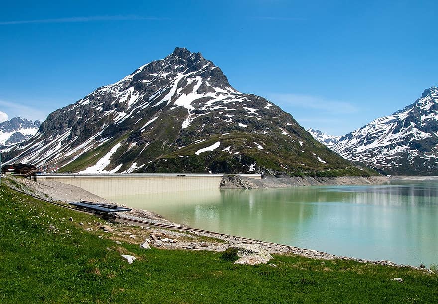 cái đập, silvretta stausee, austria, núi, Hồ chứa, Thiên nhiên, Silvretta-hochalpenstraße, Nước, tuyết, phong cảnh, Nước đá