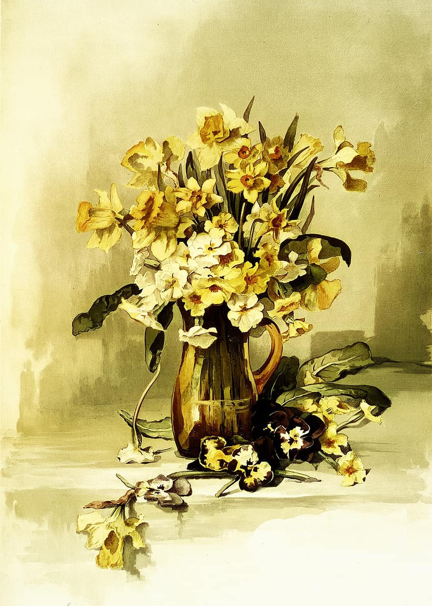fleurs, bouquet, vase, décoration, ancien, aquarelle, La peinture, printemps, jonquilles, floral, la nature