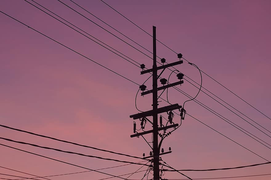 puesta de sol, poste de electricidad, cables eléctricos, silueta, cables electricos, cielo, crepúsculo, oscuridad, noche, ciudad, distrito