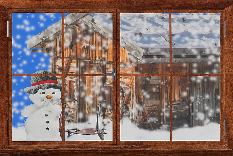 Snowman, Winter, Snow, Wintry, Greeting Card, Hut, Mountain Hut, Vacations, Holidays, Winter Holiday, Window