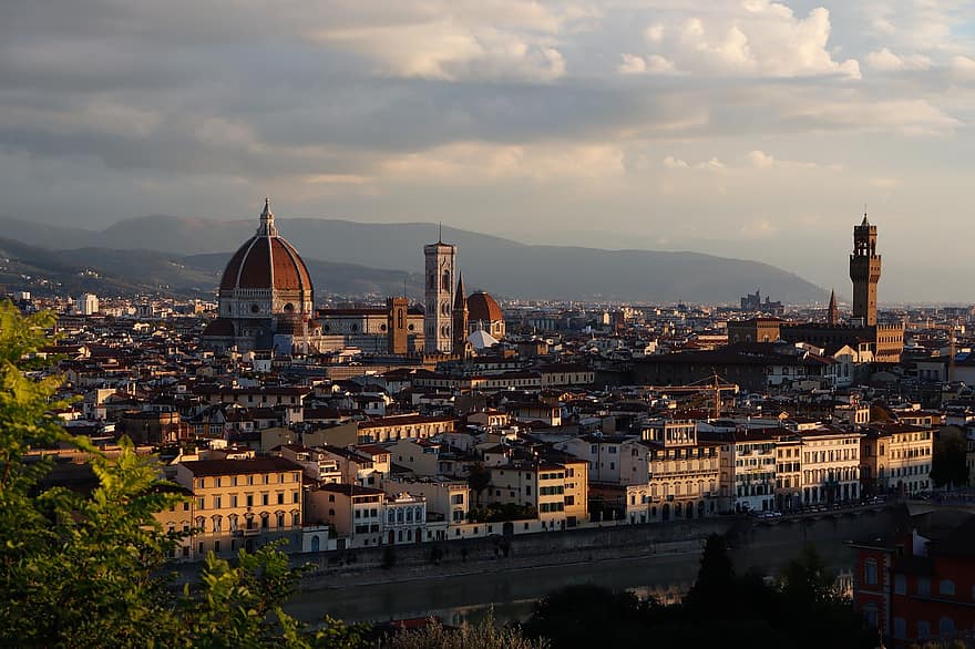 ville, immeubles, le coucher du soleil, paysage urbain, paysage, destination de voyage, les montagnes, crépuscule, duomo, Florence, toscane