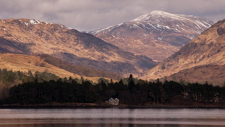 gunung, danau, rumah, rumah danau, pohon, hutan, pegunungan, Lembah Pegunungan, lembah, Skotlandia, pemandangan