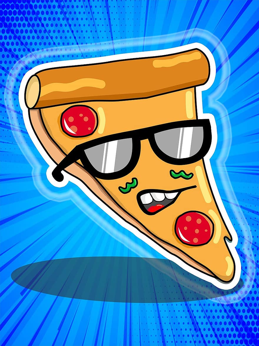 Pizza, Pédazo De Pizza, Peperoni, Lentes, Lentes de Sol, comida, Fuß, Junk Food, Pizza Pädazo, Blaues Essen