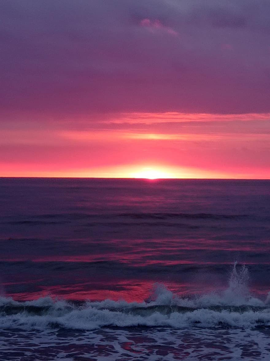 puesta de sol, playa, mar, olas, Dom, naturaleza, agua, horizonte, cielo, nubes, marina