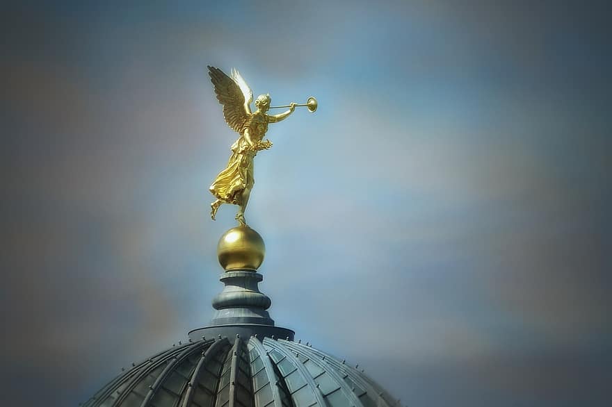 Angel, Statue, Figure, Architecture, Dresden, Germany, Gold, Wing, Sky, Golden, Gilded
