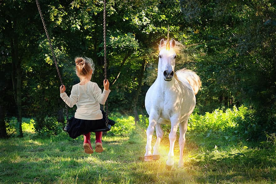 tek boynuzlu at, kız, salıncak, çocuk, oyun, büyülü, fantezi, orman