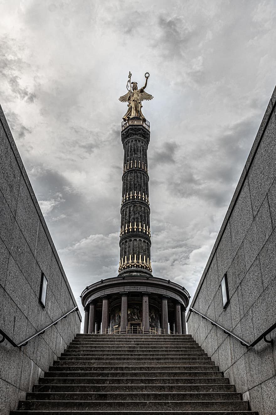 Stairs, Sculpture, Monument, Berlin, Capital City, Landmark, Clouds, Architecture, famous place, building exterior, history