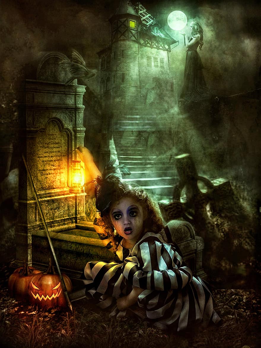 halloween, liten flicka, grav, spöke, kyrkogård, skrämmande, läskigt, mystisk, dimma, natt