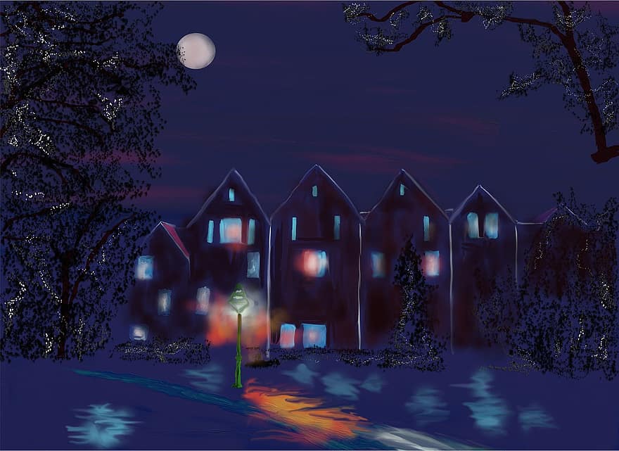 Nacht-, die Architektur, soest, Stadtbild, Baum, Winter, Dämmerung, dunkel, Illustration, Jahreszeit, Schnee