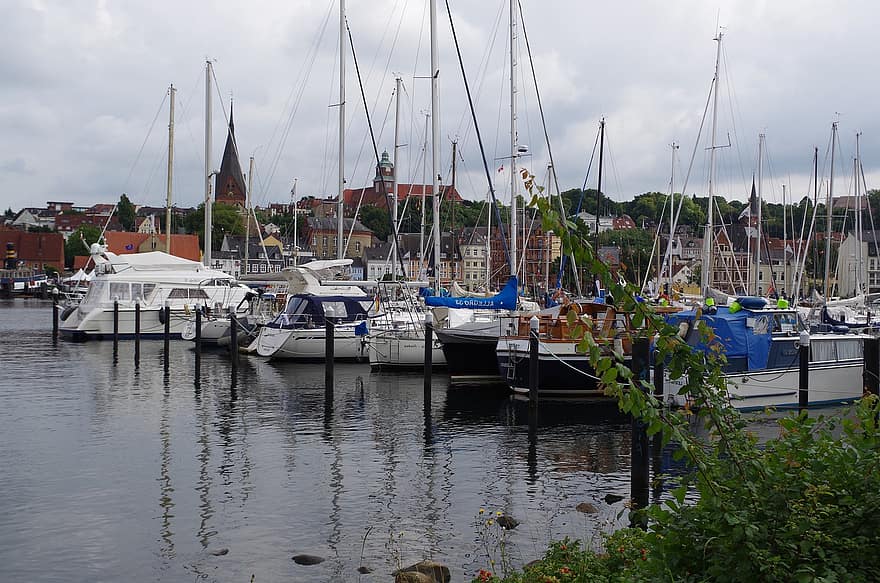 yachts, porta, cittadina, Flensburg, Germania, Barche, porto, mare, acqua