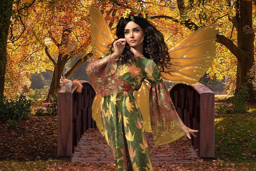 배경, 숲, 가을, 천사, 다람쥐, 공상, 여자, 캐릭터, 디지털 아트, 여자들, 아름다움
