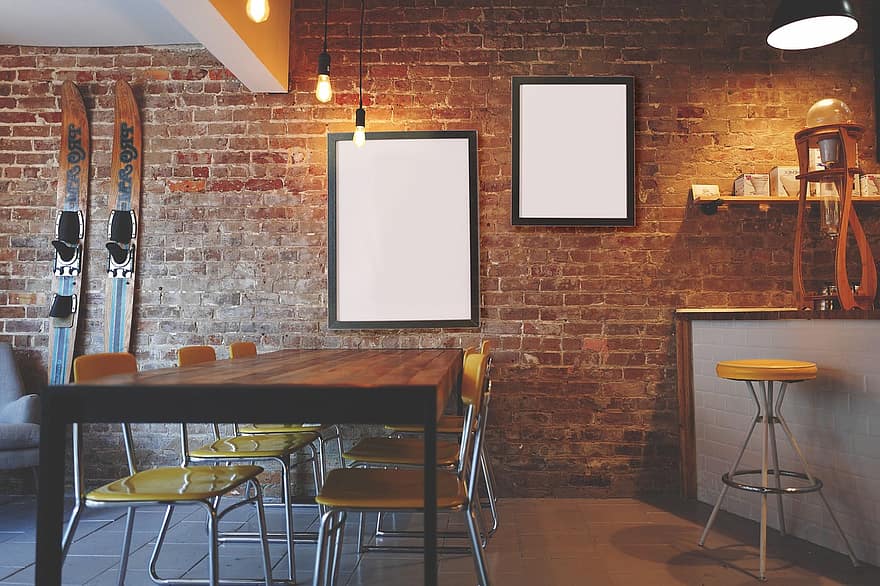 Frames, Restaurant, Interior, Copy Space, Mockup, Picture Frames, Blank Frames, Brick Wall, Wall, Table, Chairs