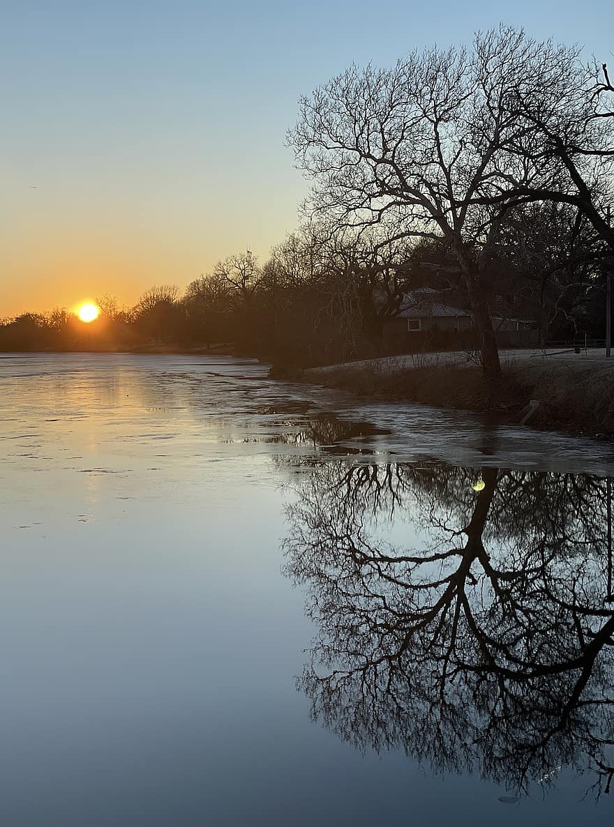 Trees, River, Sunset, Winter, Frost, Reflection, Cold, Frozen, Dusk