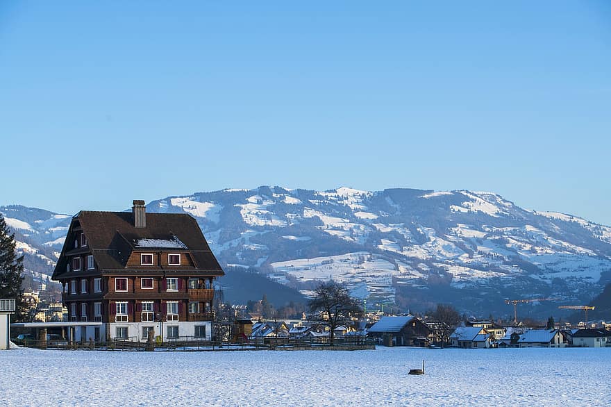 casas, cabanas, aldeia, neve, inverno, tarde, Suíça, montanha, panorama, azul, madeira
