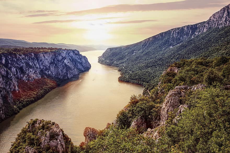 सर्बिया, लोहे का गेट, राष्ट्रीय उद्यान djerdap, डेन्यूब, नदी, परिदृश्य, बलकानी, यात्रा, सूर्य का अस्त होना, पानी, प्रकृति