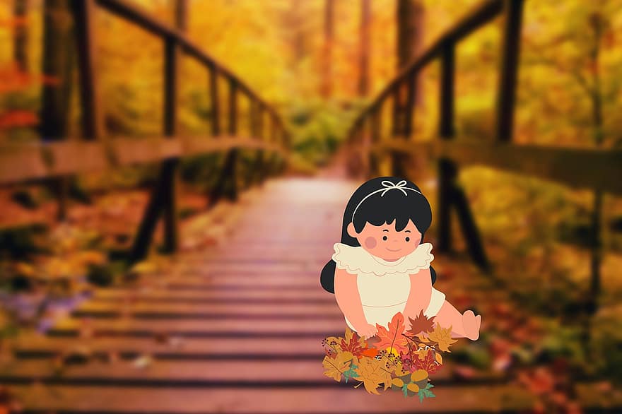 niño, hojas caídas, jugar, otoño, niña, feliz, infancia, parque, al aire libre