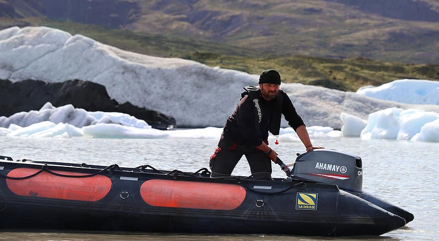 bote, hombre, bote inflable, esquife, fuera de borda, motora, lancha rápida, Islandia