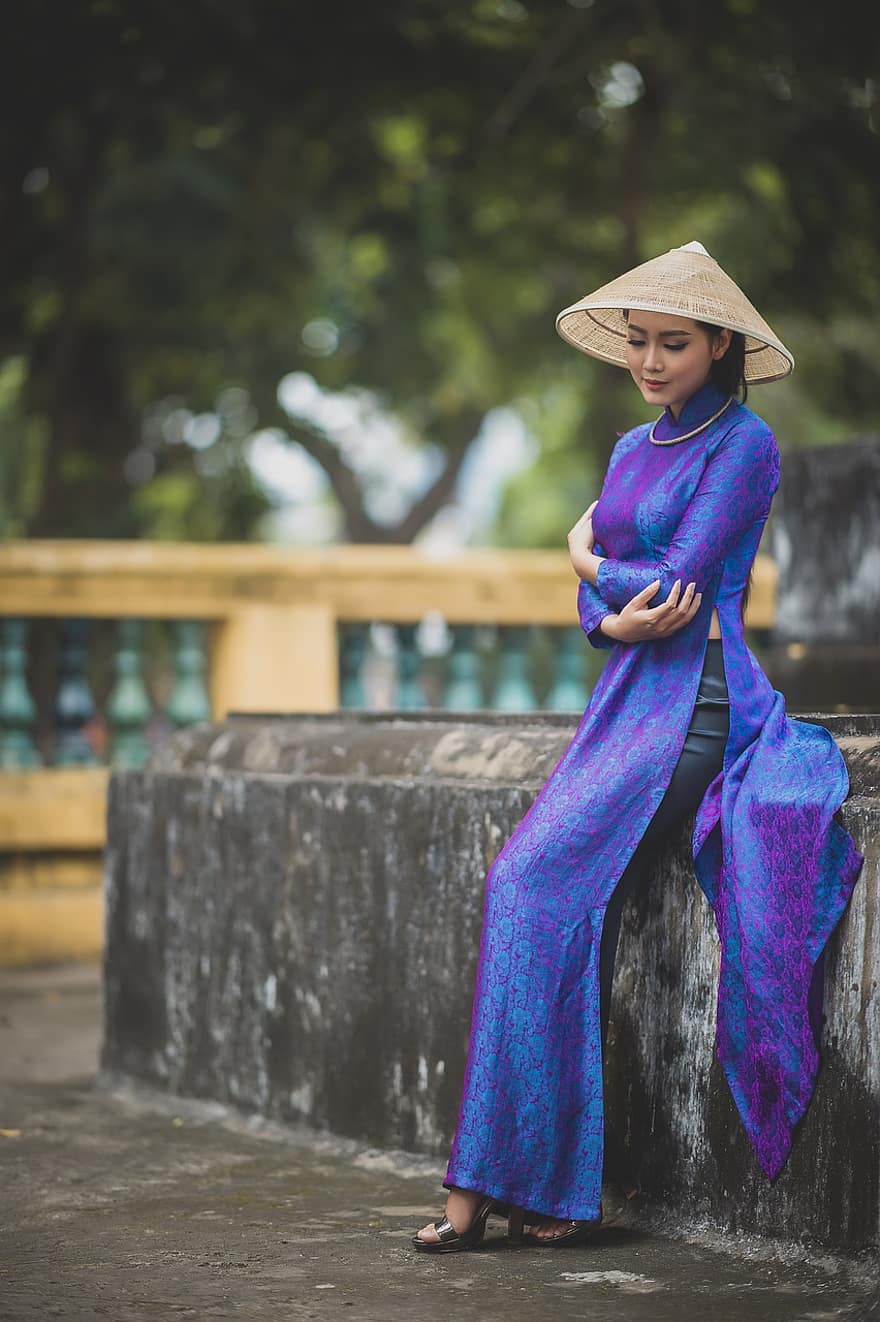アオダイ、ファッション、女性、ベトナム人、ベトナム民族衣装、コニカルハット、伝統的な、美しさ、綺麗な、可愛い、女の子