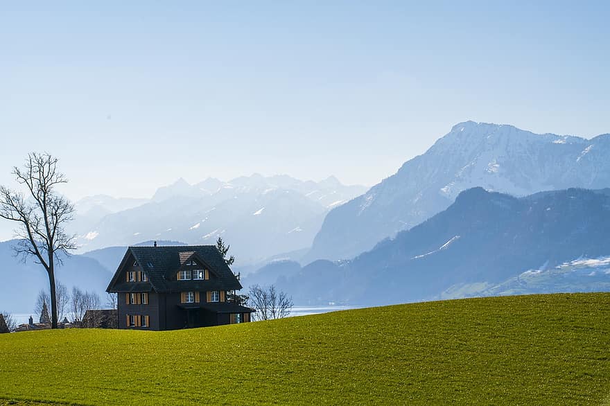 Szwajcaria, Dom nad jeziorem, lucerna jeziorna, góry, pole, piękny widok, sceneria, Natura, Góra, trawa, scena wiejska