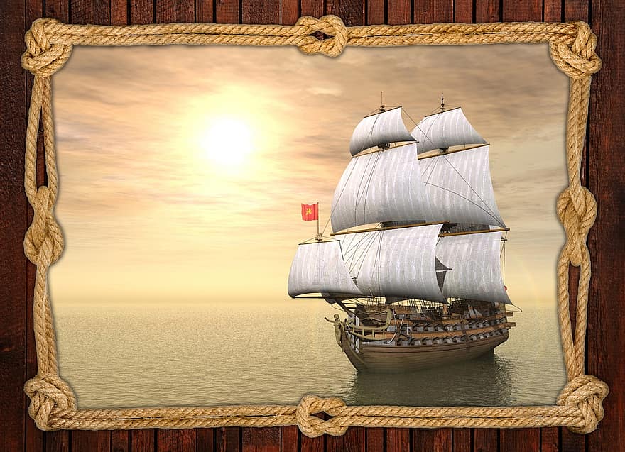 корабль, море, волна, романс, паруса, парусная лодка, спокойный, ветер, солнце, пейзаж, Рамка