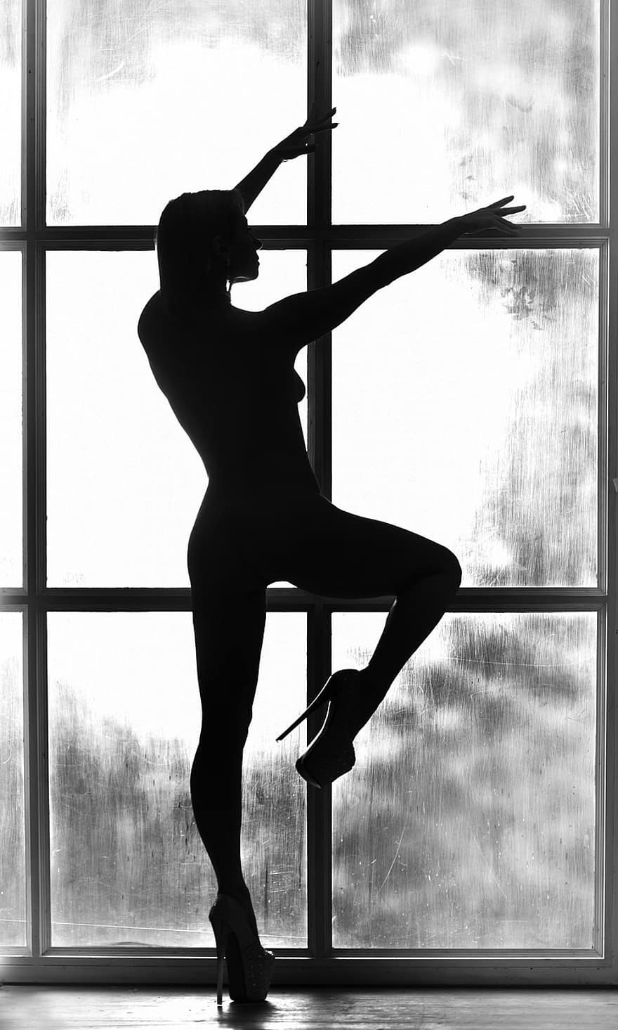 moteris, modelis, kūnas, siluetas, skaičius, grandinės, langas, šviesa, šešėlis, laikysena, avalynė