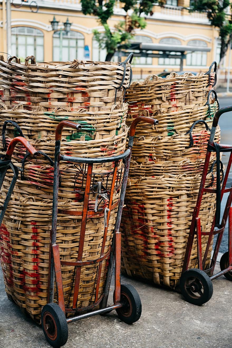 Basket, Craft, Hand Trolley, Pile, Stack, Handmade, Storage, Empty, Transport, Bangkok, Thailand