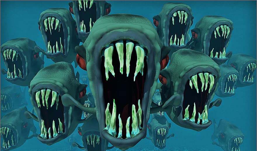 les piranhas, cauchemar, essaim de poissons, poisson, eau, animaux, dangereux, horreur, Brésil, amazone, bleu