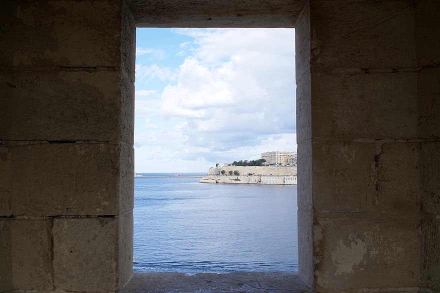 окно, порт, город, капитал, Валлетта, Мальта, архитектура, воды, синий, береговая линия, летом